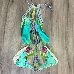 Hale Bob Gering Romper Womens XS Multi Color Keyhole Halter Shorts Resort